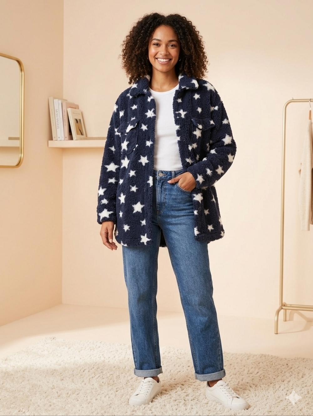 Plush Navy Star Sherpa Cardigan - Picture 2 of 10